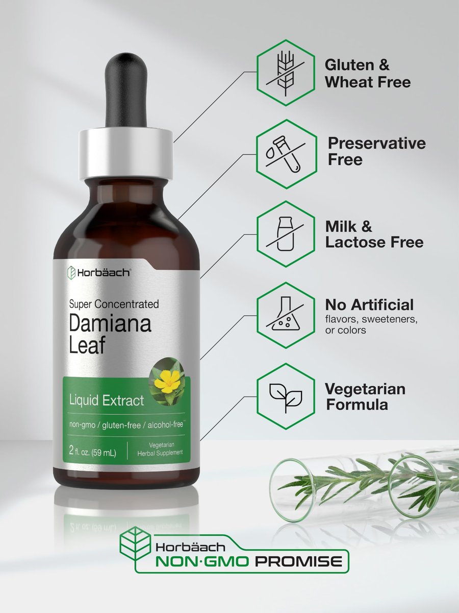 Horbäach Damiana-Blatt-Kräutertinktur | 60 ml | Hochkonzentrierter, alkoholfreier Flüssigextrakt | Vegetarisches, nicht-GVO & glutenfreies Nahrungsergänzungsmittel