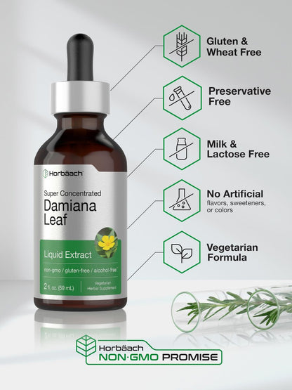 Horbäach Damiana-Blatt-Kräutertinktur | 60 ml | Hochkonzentrierter, alkoholfreier Flüssigextrakt | Vegetarisches, nicht-GVO & glutenfreies Nahrungsergänzungsmittel