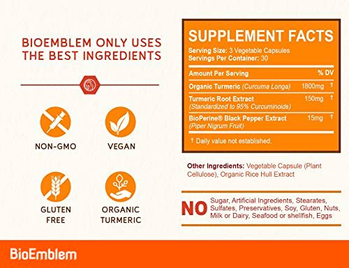 BioEmblem Kurkuma Curcumin Komplex mit BioPerin – Gelenkunterstützung & Herzgesundheit – mit Bio Kurkumapulver & 95% Curcuminoiden Extrakt – aus Kalifornien, Nicht-GVO, 30-Tage-Vorrat