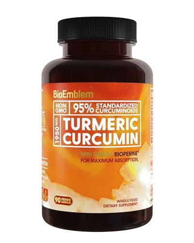 BioEmblem Kurkuma Curcumin Komplex mit BioPerin – Gelenkunterstützung & Herzgesundheit – mit Bio Kurkumapulver & 95% Curcuminoiden Extrakt – aus Kalifornien, Nicht-GVO, 30-Tage-Vorrat