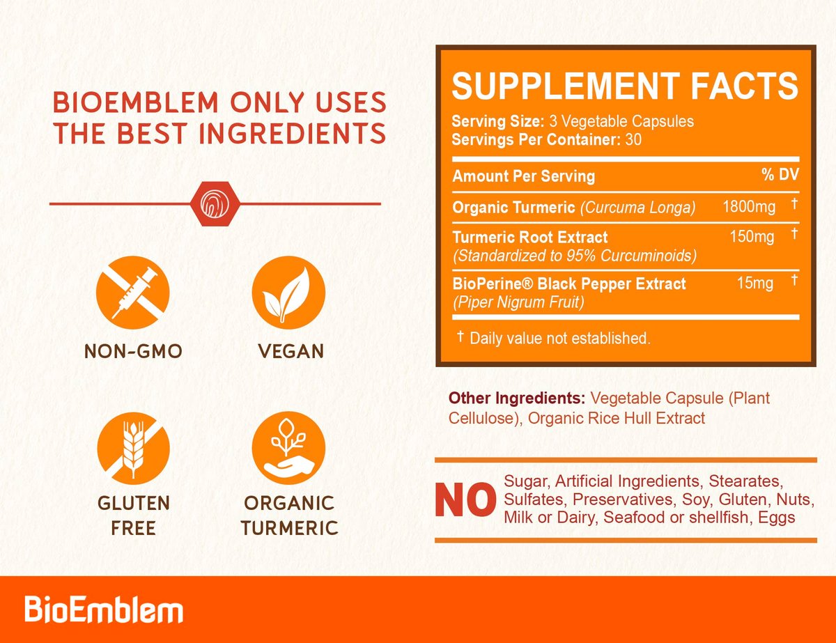 BioEmblem Kurkuma Curcumin Komplex mit BioPerin – Gelenkunterstützung & Herzgesundheit – mit Bio Kurkumapulver & 95% Curcuminoiden Extrakt – aus Kalifornien, Nicht-GVO, 30-Tage-Vorrat
