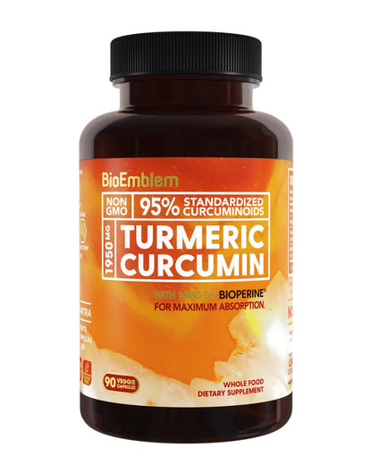 BioEmblem Kurkuma Curcumin Komplex mit BioPerin – Gelenkunterstützung & Herzgesundheit – mit Bio Kurkumapulver & 95% Curcuminoiden Extrakt – aus Kalifornien, Nicht-GVO, 30-Tage-Vorrat