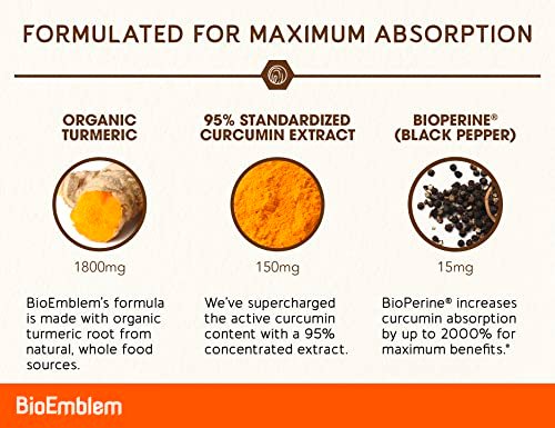 BioEmblem Kurkuma Curcumin Komplex mit BioPerin – Gelenkunterstützung & Herzgesundheit – mit Bio Kurkumapulver & 95% Curcuminoiden Extrakt – aus Kalifornien, Nicht-GVO, 30-Tage-Vorrat