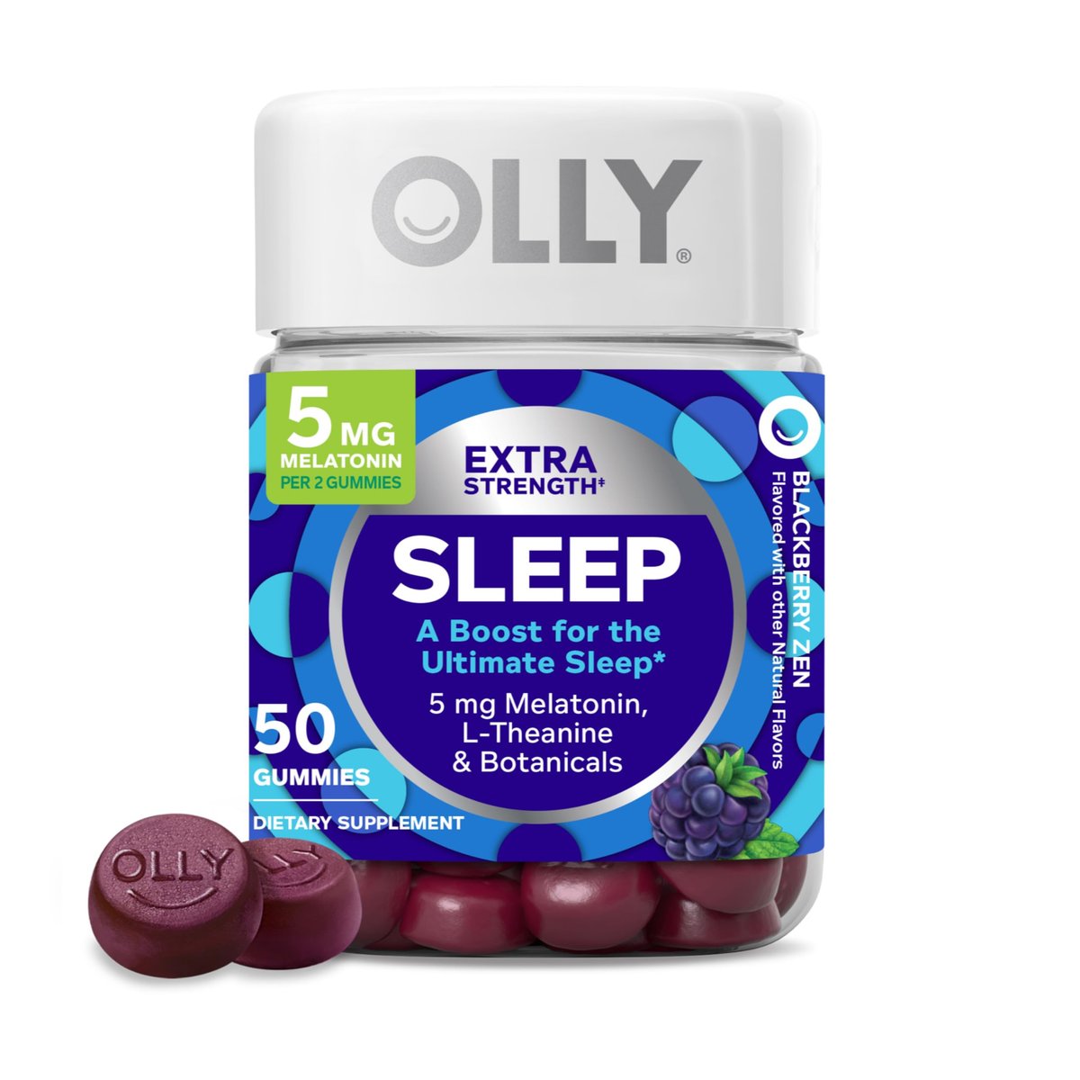 OLLY Extra Strength Schlaf Gummibärchen, 5 mg Melatonin, L-Theanin, Kamille, Zitronenmelisse, Schlafhilfe, Brombeere - 50 Stück