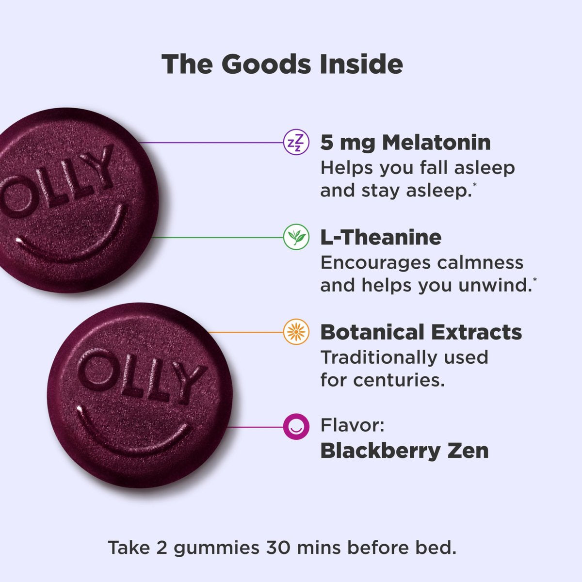 OLLY Extra Strength Schlaf Gummibärchen, 5 mg Melatonin, L-Theanin, Kamille, Zitronenmelisse, Schlafhilfe, Brombeere - 50 Stück