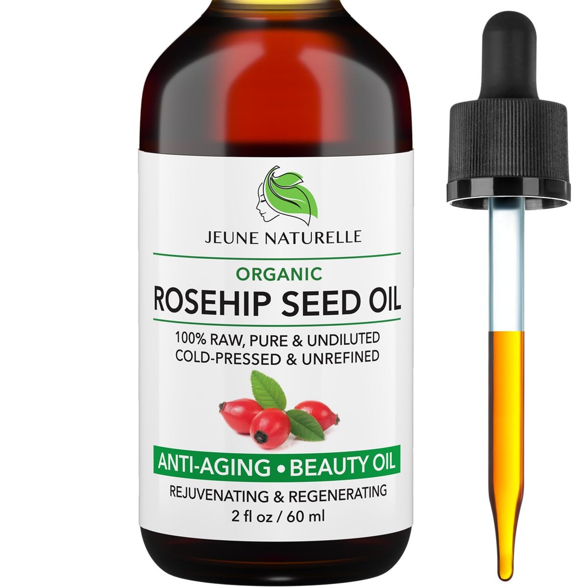 Jeune Naturelle Hagebuttenöl – Reines, natives, kaltgepresstes Öl aus ganzen Beeren (Fruchtfleisch & Kerne), natürliche tiefe Orange-Tönung für intensive Hautreparatur – Unverdünntes Bio-Hagebuttenkernöl, 60 ml