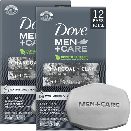 Dove Men+Care Body + Face Bar 2er-Pack (12 Stück) – Peeling-3-in-1-Aktivkohleseife mit Tonerde für Hautpflege, Hände & Rasur, je 106 g