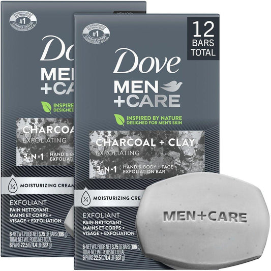 Dove Men+Care Body + Face Bar 2er-Pack (12 Stück) – Peeling-3-in-1-Aktivkohleseife mit Tonerde für Hautpflege, Hände & Rasur, je 106 g