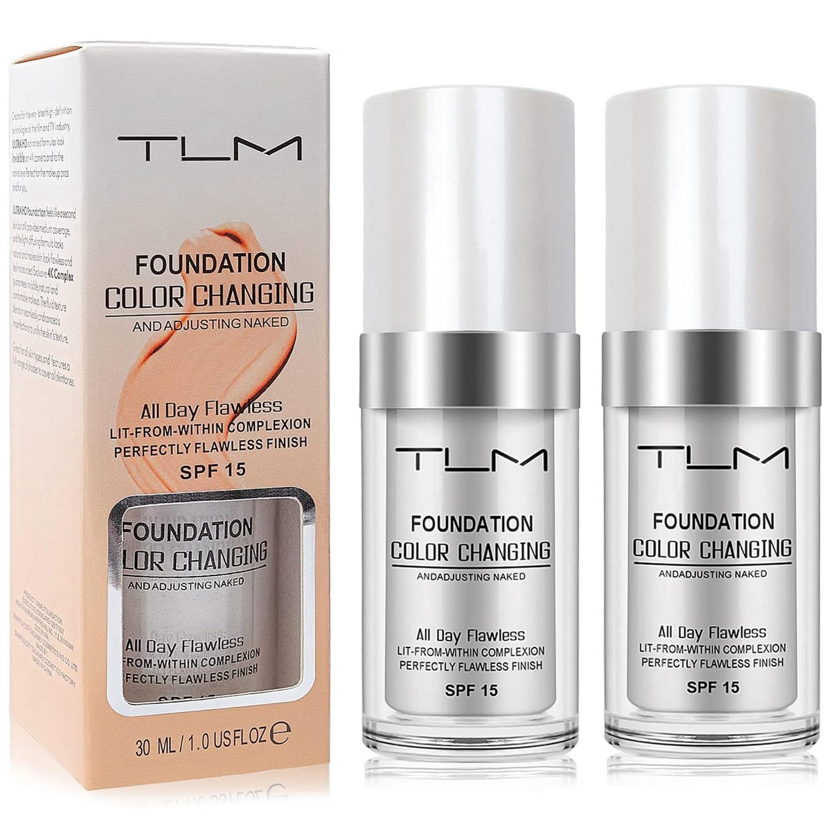 2er-Pack TLM Farbwechselnde Foundation Flüssigbasis, TLM Concealer Abdeckcreme, den ganzen Tag makelloser warmer Hautton BB Cream Make-up Basis Concealer für alle Haut SPF15
