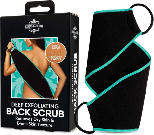 Dermasuri Tiefenpeeling-Rückenbürste für die Dusche – Körperpeeling-Werkzeug – 27 Zoll lang, 8 Zoll breit – Schwarz