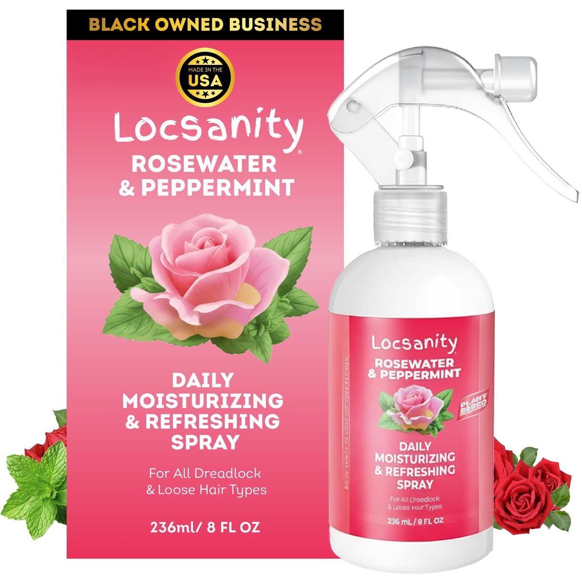 Locsanity Rosewater Peppermint Loc Spray 8oz – Feuchtigkeitsspendendes & straffendes Hydratationsspray mit schwarzem hawaiianischem Meersalz, pflanzlich | Loc-Pflege für alle Dreadlocks & lockere Haartypen