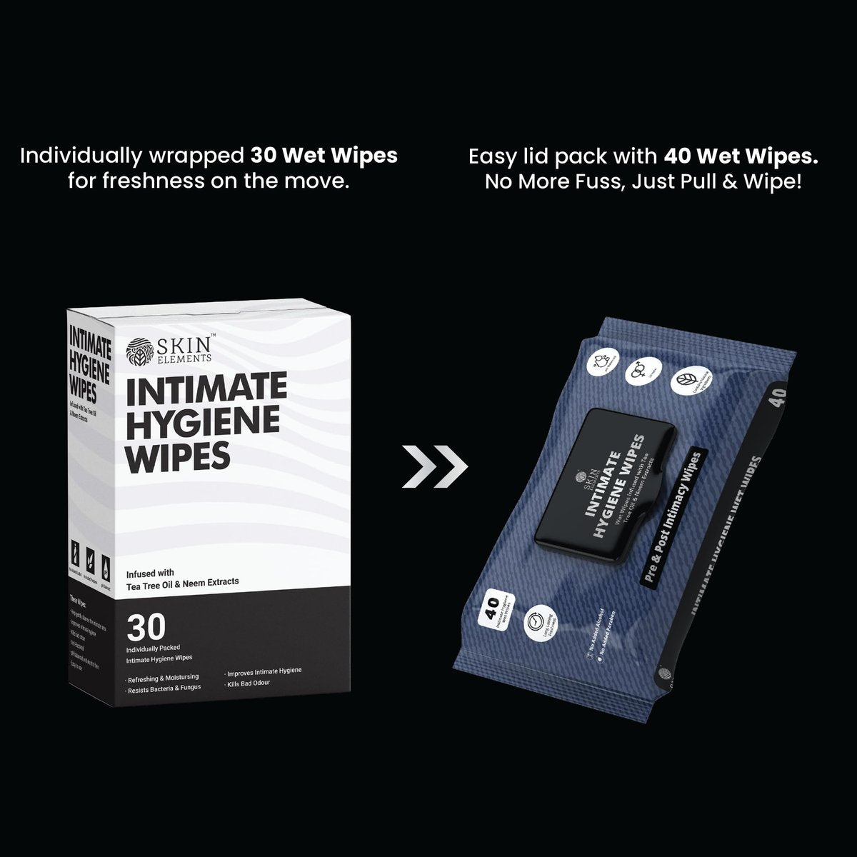 Skin Elements Intimhygiene-Feuchttücher | Unisex | pH-ausgeglichen | mit Teebaumöl und Nieme-Extrakten | 30 einzeln verpackte Tücher | Vor und nach der Intimität