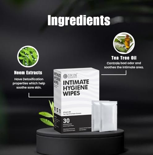 Skin Elements Intimhygiene-Feuchttücher | Unisex | pH-ausgeglichen | mit Teebaumöl und Nieme-Extrakten | 30 einzeln verpackte Tücher | Vor und nach der Intimität