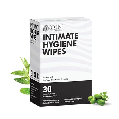 Skin Elements Intimhygiene-Feuchttücher | Unisex | pH-ausgeglichen | mit Teebaumöl und Nieme-Extrakten | 30 einzeln verpackte Tücher | Vor und nach der Intimität