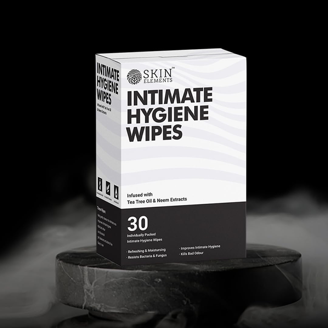 Skin Elements Intimhygiene-Feuchttücher | Unisex | pH-ausgeglichen | mit Teebaumöl und Nieme-Extrakten | 30 einzeln verpackte Tücher | Vor und nach der Intimität