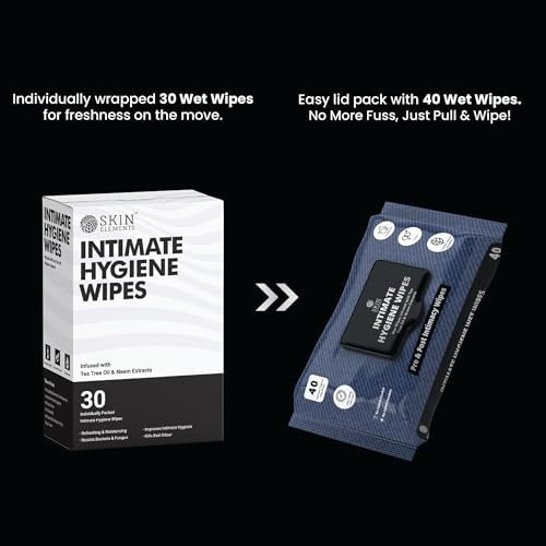 Skin Elements Intimhygiene-Feuchttücher | Unisex | pH-ausgeglichen | mit Teebaumöl und Nieme-Extrakten | 30 einzeln verpackte Tücher | Vor und nach der Intimität