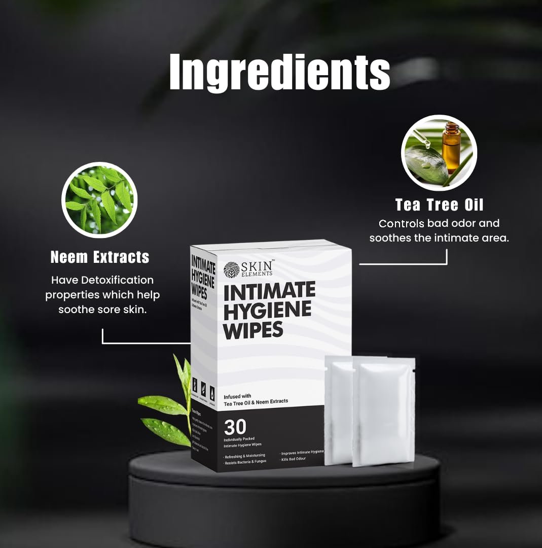 Skin Elements Intimhygiene-Feuchttücher | Unisex | pH-ausgeglichen | mit Teebaumöl und Nieme-Extrakten | 30 einzeln verpackte Tücher | Vor und nach der Intimität