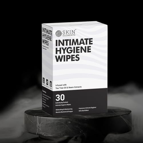 Skin Elements Intimhygiene-Feuchttücher | Unisex | pH-ausgeglichen | mit Teebaumöl und Nieme-Extrakten | 30 einzeln verpackte Tücher | Vor und nach der Intimität