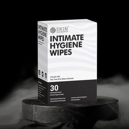 Skin Elements Intimhygiene-Feuchttücher | Unisex | pH-ausgeglichen | mit Teebaumöl und Nieme-Extrakten | 30 einzeln verpackte Tücher | Vor und nach der Intimität