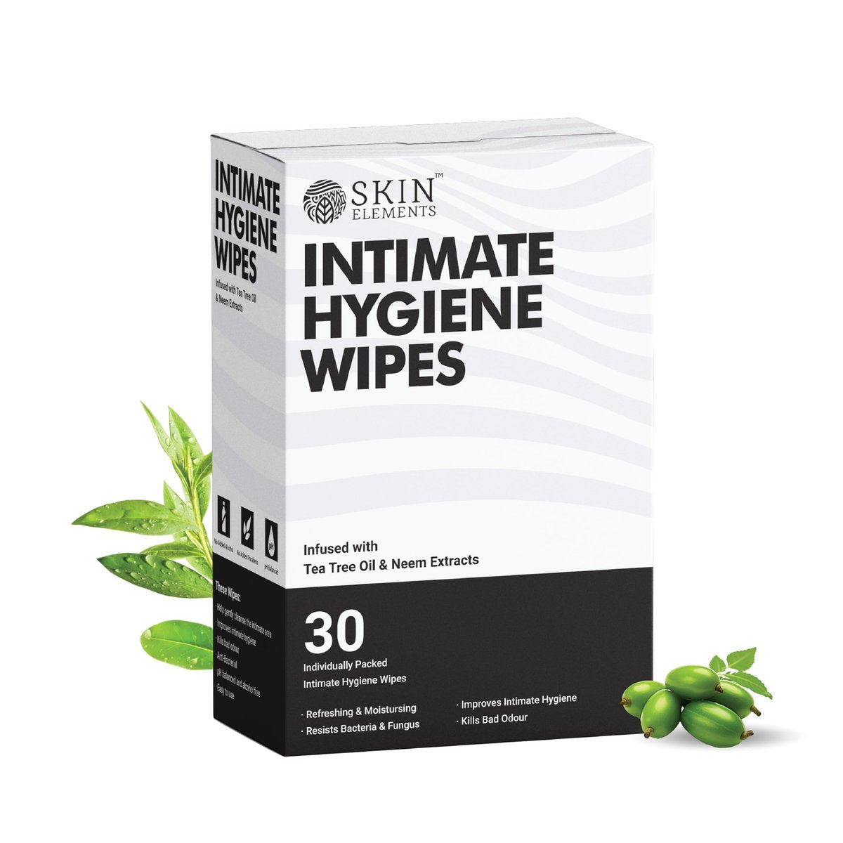 Skin Elements Intimhygiene-Feuchttücher | Unisex | pH-ausgeglichen | mit Teebaumöl und Nieme-Extrakten | 30 einzeln verpackte Tücher | Vor und nach der Intimität