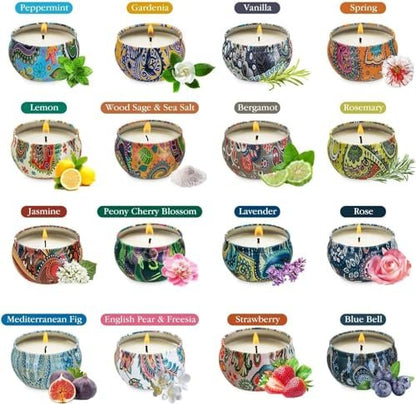 Howemon Duftkerzen Geschenkset, 16er-Pack Reisespender aus natürlichem Sojawachs mit starken ätherischen Ölen für Stressabbau und Aromatherapie