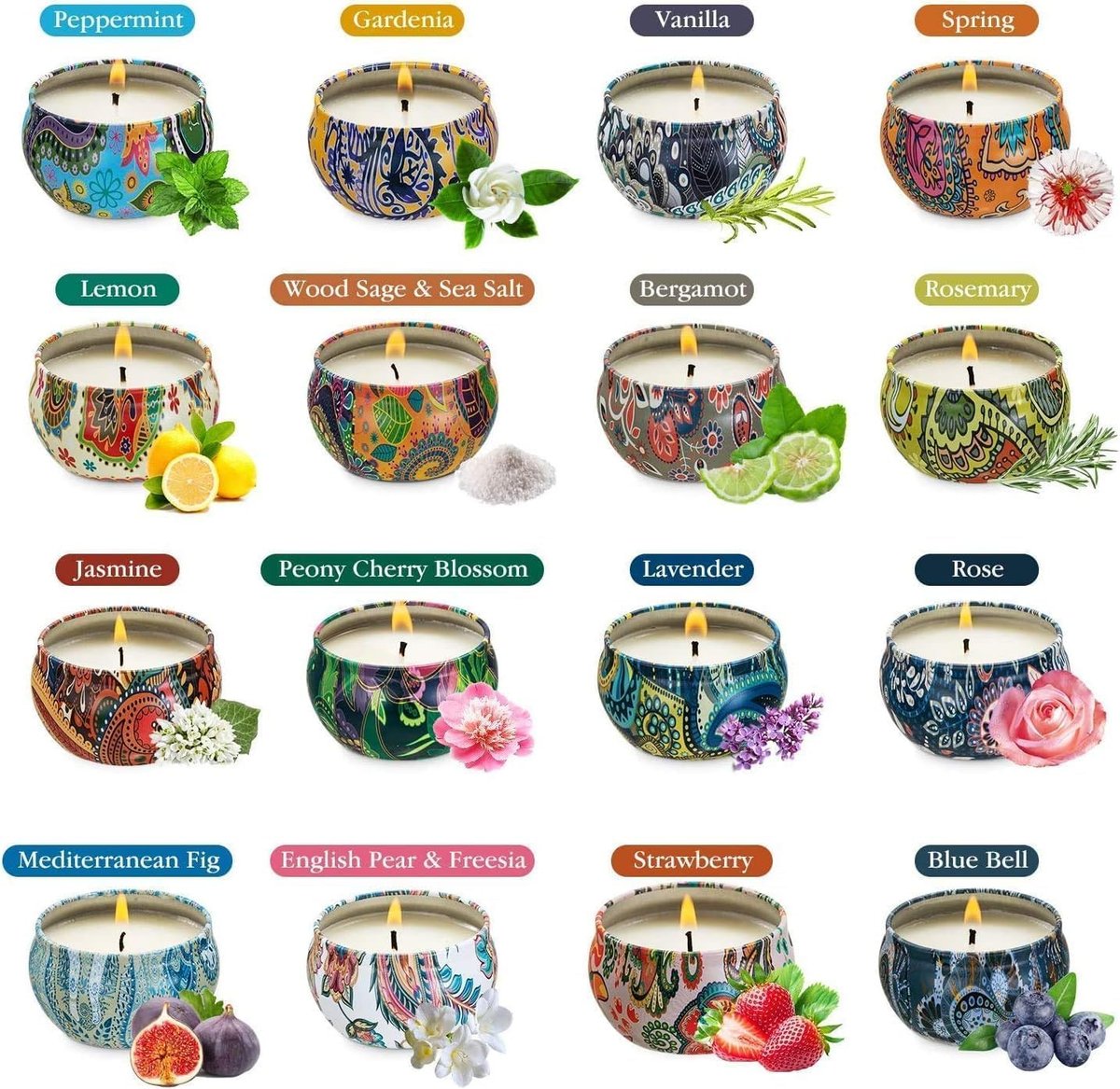 Howemon Duftkerzen Geschenkset, 16er-Pack Reisespender aus natürlichem Sojawachs mit starken ätherischen Ölen für Stressabbau und Aromatherapie