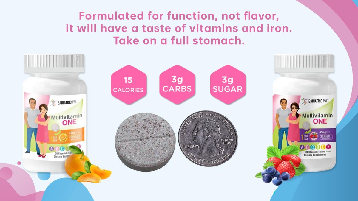 BariatricPal Multivitamin ONE 1 pro Tag! Bariatrisches Multivitamin Kautablette mit 45 mg Eisen - Mischbeere (30 Stück)