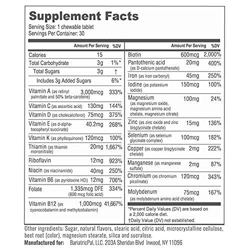 BariatricPal Multivitamin ONE 1 pro Tag! Bariatrisches Multivitamin Kautablette mit 45 mg Eisen - Mischbeere (30 Stück)