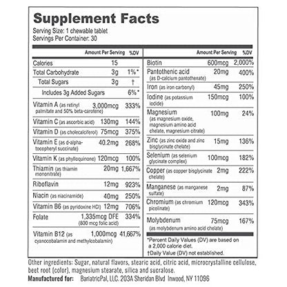 BariatricPal Multivitamin ONE 1 pro Tag! Bariatrisches Multivitamin Kautablette mit 45 mg Eisen - Mischbeere (30 Stück)