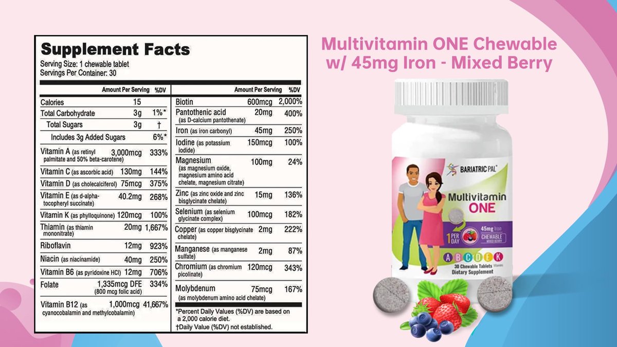 BariatricPal Multivitamin ONE 1 pro Tag! Bariatrisches Multivitamin Kautablette mit 45 mg Eisen - Mischbeere (30 Stück)