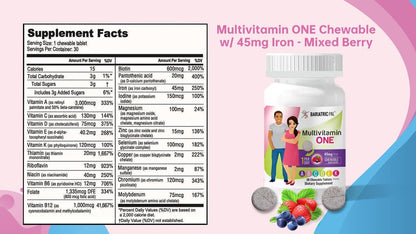 BariatricPal Multivitamin ONE 1 pro Tag! Bariatrisches Multivitamin Kautablette mit 45 mg Eisen - Mischbeere (30 Stück)