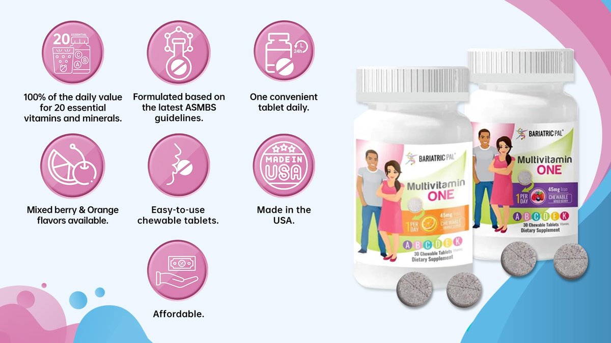 BariatricPal Multivitamin ONE 1 pro Tag! Bariatrisches Multivitamin Kautablette mit 45 mg Eisen - Mischbeere (30 Stück)