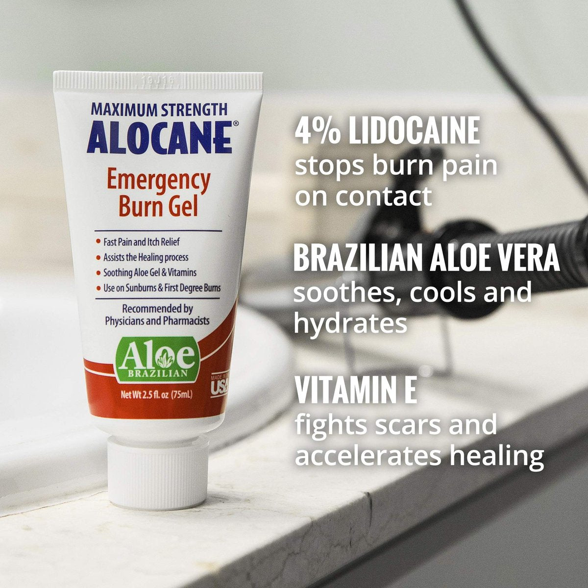 Alocane Max Notfall-Brandgel, 4% Lidocainhydrochlorid, 0,13% Benzalkoniumchlorid, maximale Stärke, Schmerzlinderung, Juckreizlinderung, bei Sonnenbränden, Küchen-, chemischen und erstgradigen Verbrennungen, 2er-Pack mit 74 ml