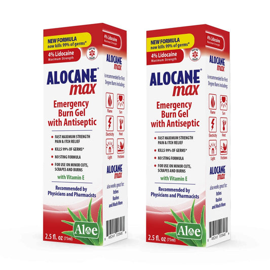 Alocane Max Notfall-Brandgel, 4% Lidocainhydrochlorid, 0,13% Benzalkoniumchlorid, maximale Stärke, Schmerzlinderung, Juckreizlinderung, bei Sonnenbränden, Küchen-, chemischen und erstgradigen Verbrennungen, 2er-Pack mit 74 ml