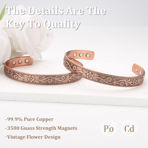MagEnergy Kupferarmband für Damen – 99,9% reines Kupfer, Vintage-Blumen-Magnetbangle mit 3500 Gauss Magneten, 6,8 Zoll verstellbares Armband, in Geschenkbox