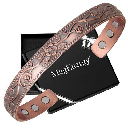 MagEnergy Kupferarmband für Damen – 99,9% reines Kupfer, Vintage-Blumen-Magnetbangle mit 3500 Gauss Magneten, 6,8 Zoll verstellbares Armband, in Geschenkbox