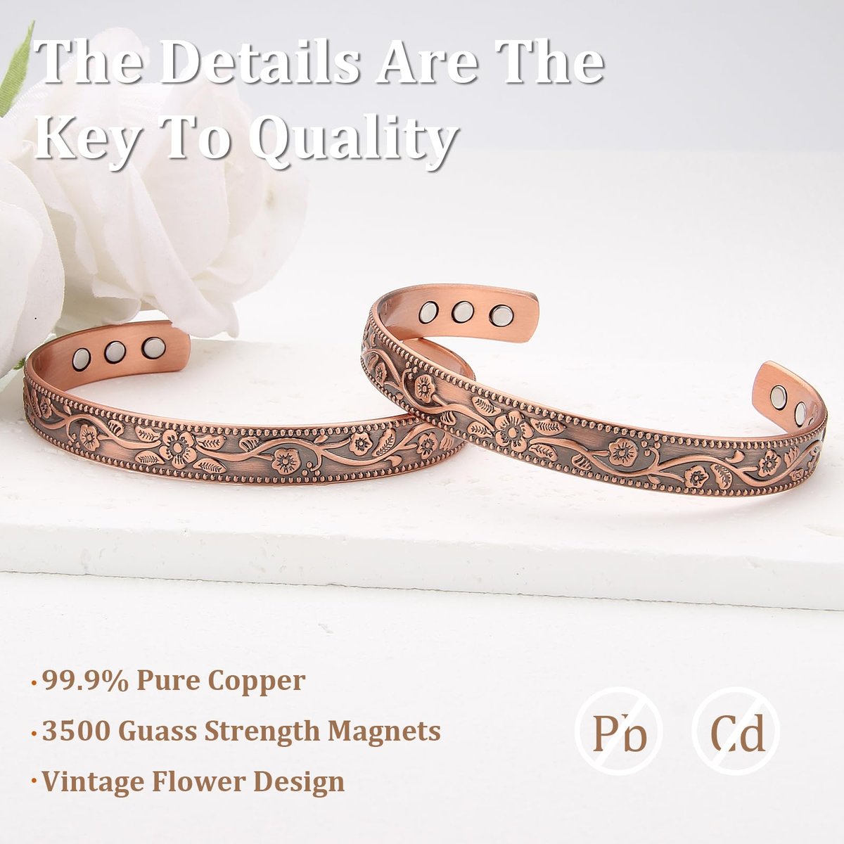 MagEnergy Kupferarmband für Damen – 99,9% reines Kupfer, Vintage-Blumen-Magnetbangle mit 3500 Gauss Magneten, 6,8 Zoll verstellbares Armband, in Geschenkbox