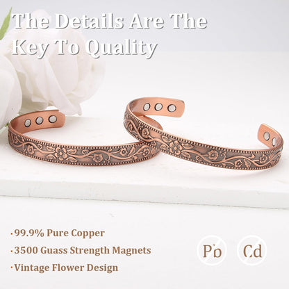 MagEnergy Kupferarmband für Damen – 99,9% reines Kupfer, Vintage-Blumen-Magnetbangle mit 3500 Gauss Magneten, 6,8 Zoll verstellbares Armband, in Geschenkbox