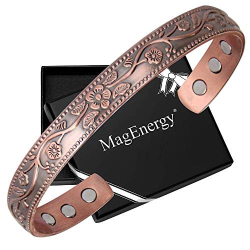 MagEnergy Kupferarmband für Damen – 99,9% reines Kupfer, Vintage-Blumen-Magnetbangle mit 3500 Gauss Magneten, 6,8 Zoll verstellbares Armband, in Geschenkbox
