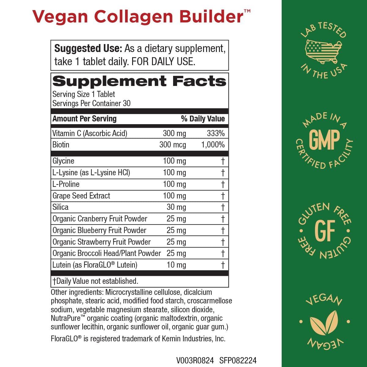Veganer Collagen Builder – Biologische Vollwertkost aus Obst & Gemüse, Silizium, Lutein, Vitamin C, Biotin, Traubenkern – Aminosäuren Glycin, Lysin & Prolin Collagen-Booster (30 Portionen, Tabletten)