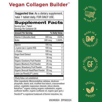 Veganer Collagen Builder – Biologische Vollwertkost aus Obst & Gemüse, Silizium, Lutein, Vitamin C, Biotin, Traubenkern – Aminosäuren Glycin, Lysin & Prolin Collagen-Booster (30 Portionen, Tabletten)