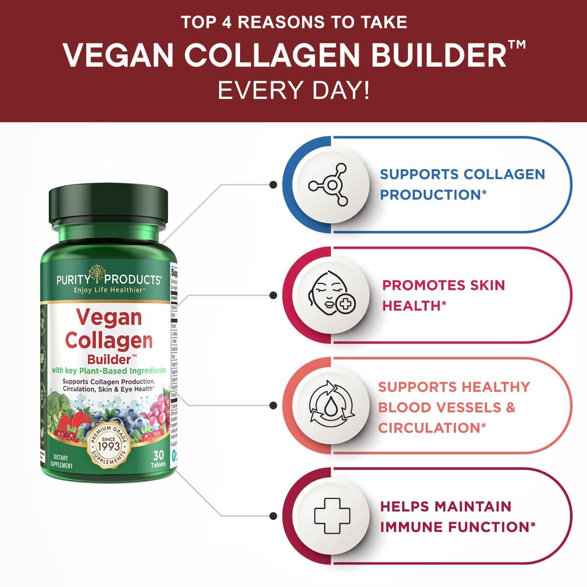 Veganer Collagen Builder – Biologische Vollwertkost aus Obst & Gemüse, Silizium, Lutein, Vitamin C, Biotin, Traubenkern – Aminosäuren Glycin, Lysin & Prolin Collagen-Booster (30 Portionen, Tabletten)
