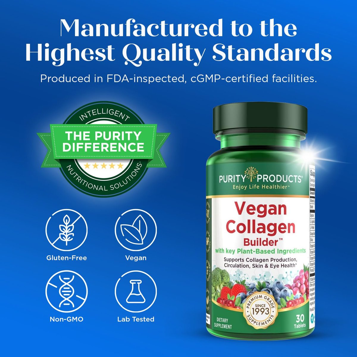 Veganer Collagen Builder – Biologische Vollwertkost aus Obst & Gemüse, Silizium, Lutein, Vitamin C, Biotin, Traubenkern – Aminosäuren Glycin, Lysin & Prolin Collagen-Booster (30 Portionen, Tabletten)
