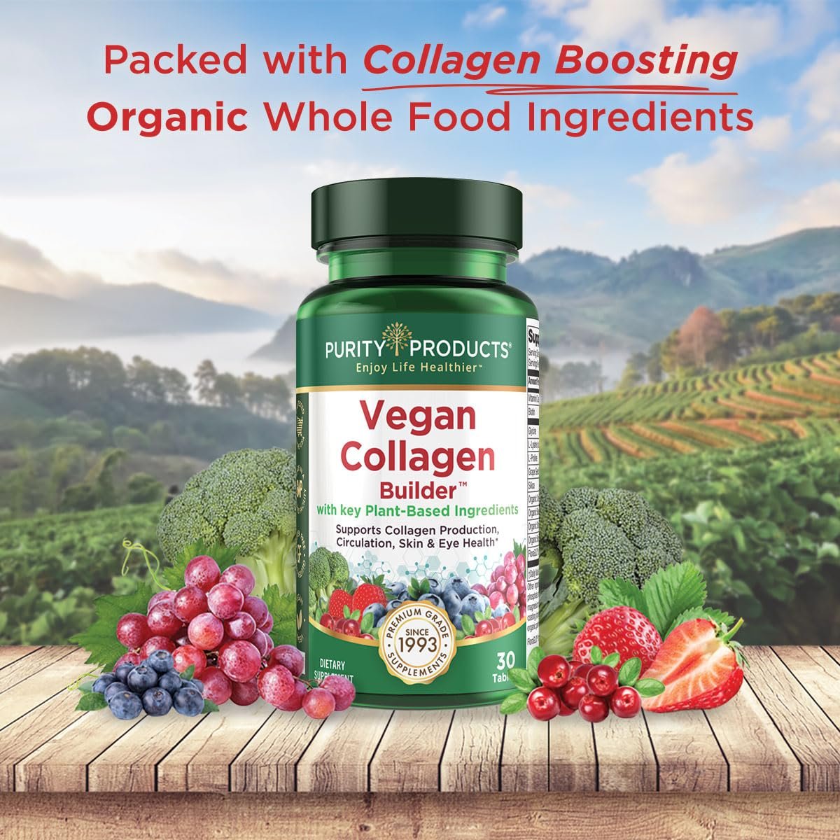 Veganer Collagen Builder – Biologische Vollwertkost aus Obst & Gemüse, Silizium, Lutein, Vitamin C, Biotin, Traubenkern – Aminosäuren Glycin, Lysin & Prolin Collagen-Booster (30 Portionen, Tabletten)
