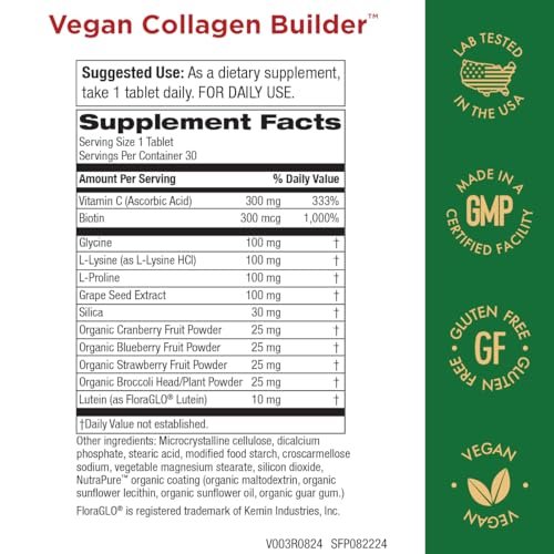 Veganer Collagen Builder – Biologische Vollwertkost aus Obst & Gemüse, Silizium, Lutein, Vitamin C, Biotin, Traubenkern – Aminosäuren Glycin, Lysin & Prolin Collagen-Booster (30 Portionen, Tabletten)
