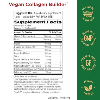 Veganer Collagen Builder – Biologische Vollwertkost aus Obst & Gemüse, Silizium, Lutein, Vitamin C, Biotin, Traubenkern – Aminosäuren Glycin, Lysin & Prolin Collagen-Booster (30 Portionen, Tabletten)