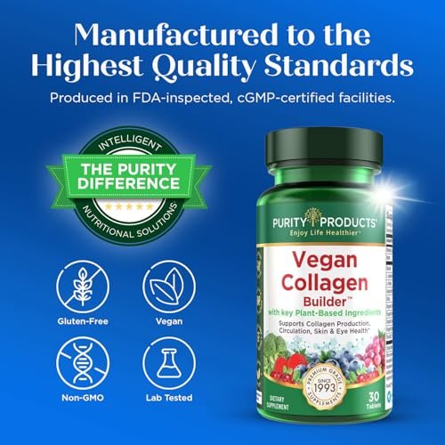 Veganer Collagen Builder – Biologische Vollwertkost aus Obst & Gemüse, Silizium, Lutein, Vitamin C, Biotin, Traubenkern – Aminosäuren Glycin, Lysin & Prolin Collagen-Booster (30 Portionen, Tabletten)