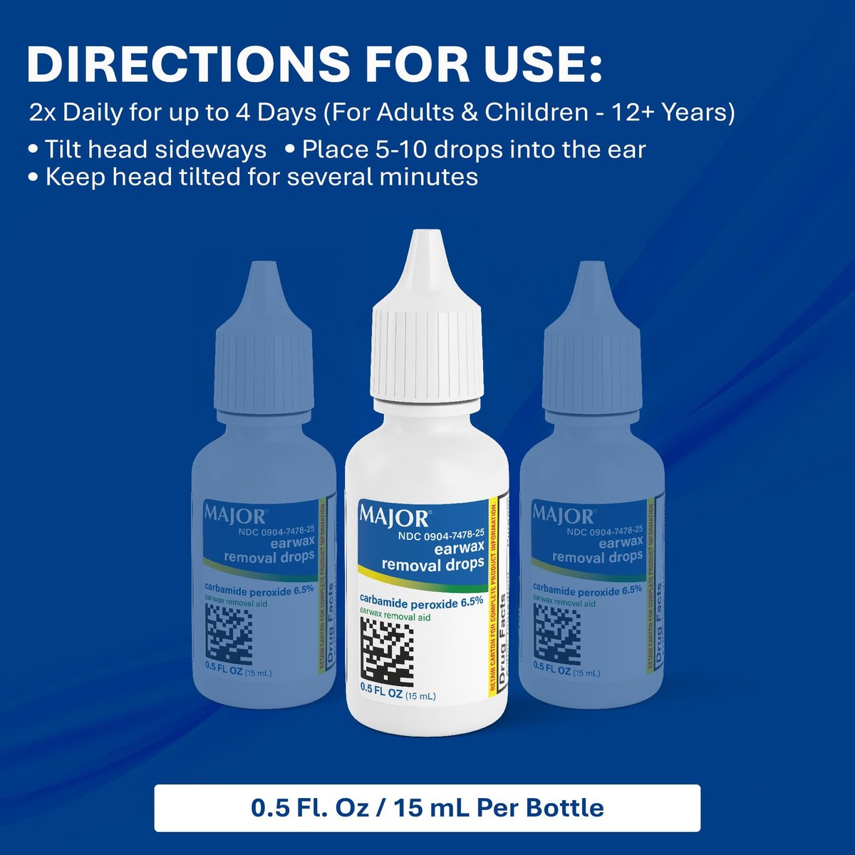 MAJOR Ohrenschmalzentfernungstropfen mit 6,5% Carbamidperoxid – Sanfte & sichere Ohrenreinigung für Erwachsene & Kinder ab 12 Jahren – Ohrenreinigungslösung, 0,5 Fl. Oz. (15 ml) (Packung mit 1)