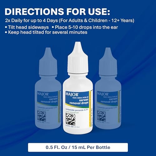 MAJOR Ohrenschmalzentfernungstropfen mit 6,5% Carbamidperoxid – Sanfte & sichere Ohrenreinigung für Erwachsene & Kinder ab 12 Jahren – Ohrenreinigungslösung, 0,5 Fl. Oz. (15 ml) (Packung mit 1)