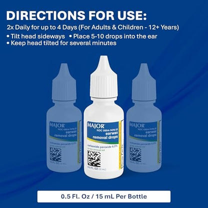 MAJOR Ohrenschmalzentfernungstropfen mit 6,5% Carbamidperoxid – Sanfte & sichere Ohrenreinigung für Erwachsene & Kinder ab 12 Jahren – Ohrenreinigungslösung, 0,5 Fl. Oz. (15 ml) (Packung mit 1)